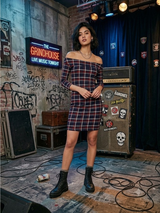 Vintage Dresses & Skirts - Vintage Y2K Off The Shoulder Plaid Bodycon Sexy Mini Dress Black White Blue Red